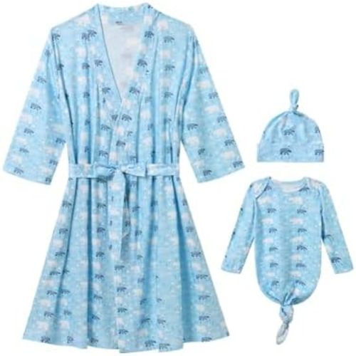 Mommy and Me Robe and Swaddle Set Floral Maternity and Baby Matching Delivery Blanket Headband for Mom Girl Boy 4pcs