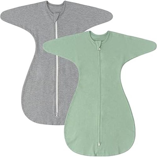 ZIGJOY Shark-Fin Transition Swaddle - 1.0 Tog Baby Sleep Sack Soft Cotton Transitional Swaddle Baby Wearable Blanket with 2-Way Zipper for All Seasons, Green&Grey, 3-6 Months