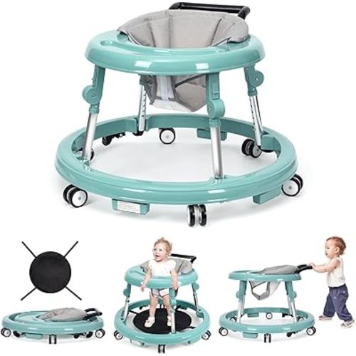 Baby Walker Foldable with 9 Adjustable Heights, Baby Walkers and Activity Center for Girls Boys Babies 7-18 Months, Baby Walker with Wheels Portable Anti-Rollover (Pink)