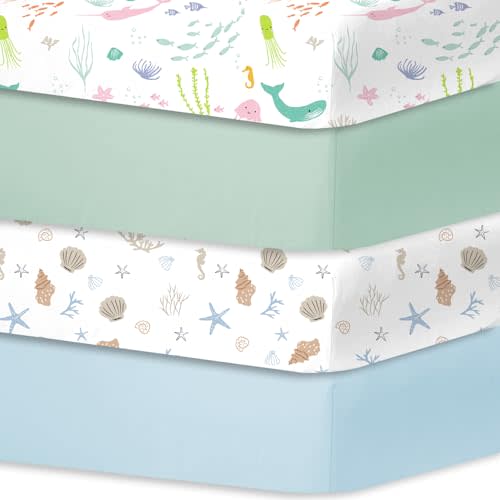 Bimocosy Crib Sheets for Baby Girl Boy, Fitted Sheets for Standard Crib and Toddler Mattresses, Super Soft Breathable Microfiber Crib Mattress Sheet 28"x 52", Ocean World/Shell/Blue/Green