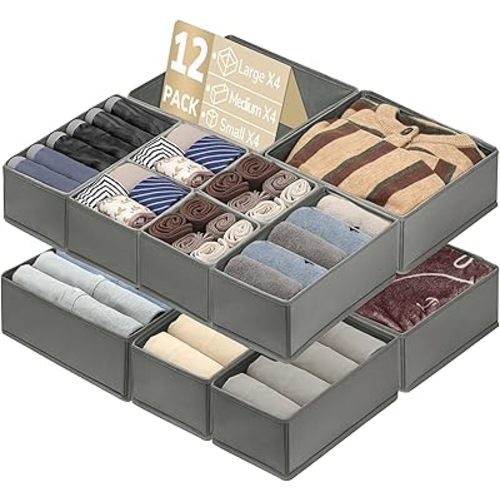 Goodpick Drawer Organizer for Clothes, 12 Pack Dresser Storage, Foldable Baby Clothes Organizer, Underwear Organizer for Closet Nursery, Grey