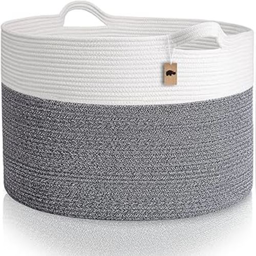 Little Hippo XXXL Large Cotton Rope Basket,100% Natural Cotton! Rope Basket, Baby Gift Basket, Large Basket, Blanket Basket Living Room, Toy Basket, Pillow Basket (White & Dark Gray)