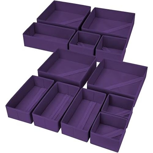 DIMJ Drawer Organizer Clothes, 12 Pack Dresser Organizer, Foldable Closet Organizers and Storage, Fabric Dresser Bins, Drawer Dividers for Nursery, Baby Clothes, Underwears, Sock (Purple)