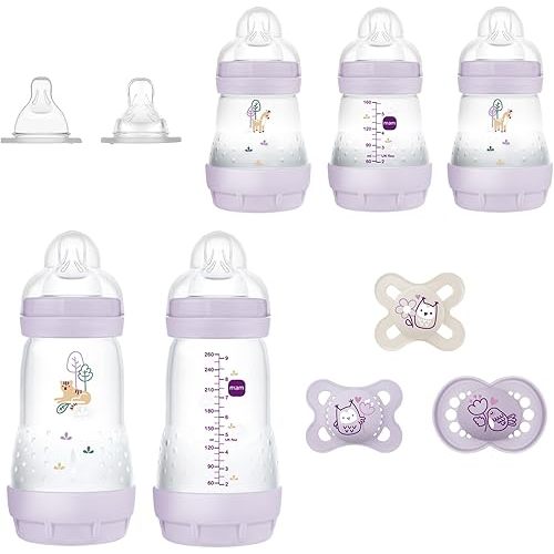 MAM Newborn Essentials "Baby Essentials" Matte Gift Set (10-Piece), Easy Start Anti-Colic Baby Bottles, Baby Girl Pacifiers
