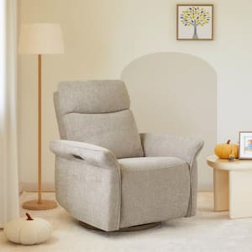 Isla Taupe Fabric Triple-Motor 270° Swivel Power Nursery Glider Recliner with Power Headrest Lumbar Support Side Pockets