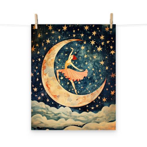 Dancer on the Moon Poster - Celestial Elegance, Starry Night Sky Art Print, Whimsical Wall Decor for Dreamers