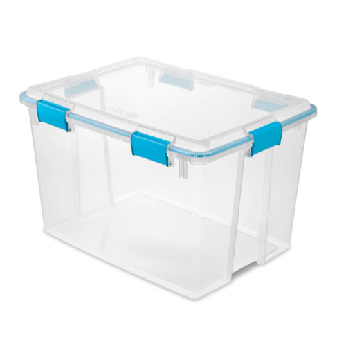 Sterilite 80 Quart Gasket Box Storage Bin w/ Lid & Latches, Clear/Aqua Blue for Adult