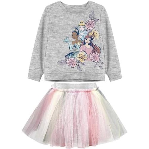 Disney Girls Princess Ariel Tiana Cinderella Sweatshirt and Tutu Skirt Set