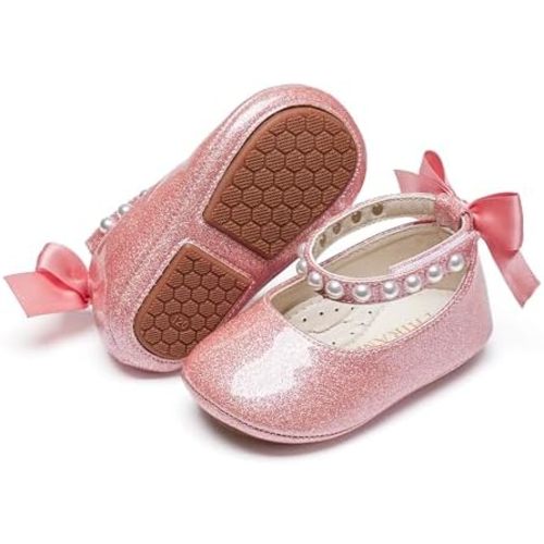 Baby Girls Mary Jane Flats - Infant Newborn Walking Shoes Soft Rubber Sole Princess Wedding