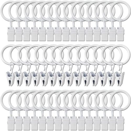 AMZSEVEN 44 Pack Metal Curtain Rings with Clips, Curtain Hangers Clips, Drapery Clips with Rings, Drapes Rings 1 in Interior Diameter, Fits Diameter 5/8 in Curtain Rod, Rustproof White - 1" I D 44 Pack