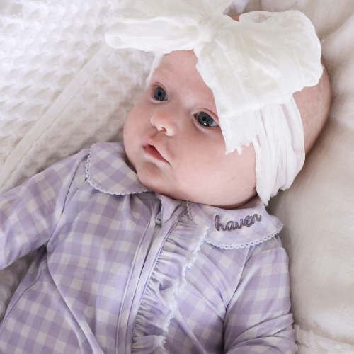 Peter Pan Collar Ruffle Zipper Footie | Lilac Gingham