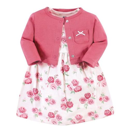 Hudson Baby Infant Girl Cotton Dress and Cardigan Set, Blush Rose, 0-3 Months
