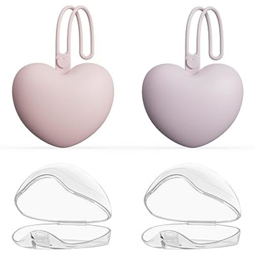 4pcs Pacifier Holder Case Set, 2pcs Silicone Portable Pacifier Pouch and 2pcs Transparent Pacifier Storage Container, Cute Heart Shape Pacifier Storage Case for Newborn Baby(Pink+Purple)