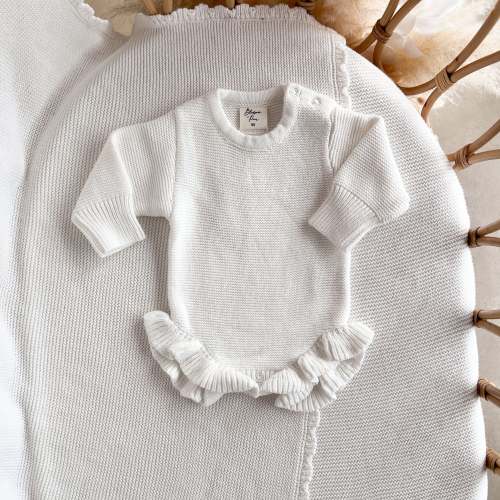 Long Sleeve Frill Leg Knit Romper - Milk | 6 -12m Size