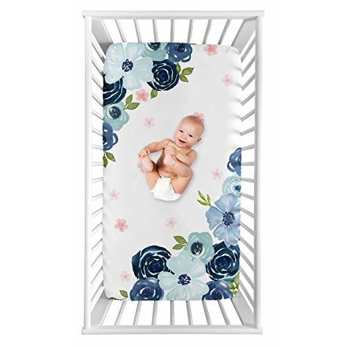 Sweet Jojo Designs Navy Blue and Pink Watercolor Floral Girl Fitted Crib Sheet Baby or Toddler Bed Nursery Photo Op - Blush, Green and White Shabby Chic Rose Flower