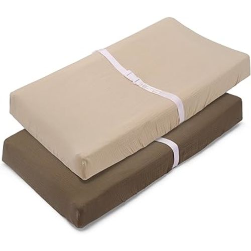 Muslin Changing Pad Cover for Baby Girls Boys-2 Pack 17"x 33" Cotton Soft Breathable Diaper Changing Pad Cover-Cozy Changing Pad Sheets-Neutral Baby Showers Gift-Taupe Brown & Light Beige