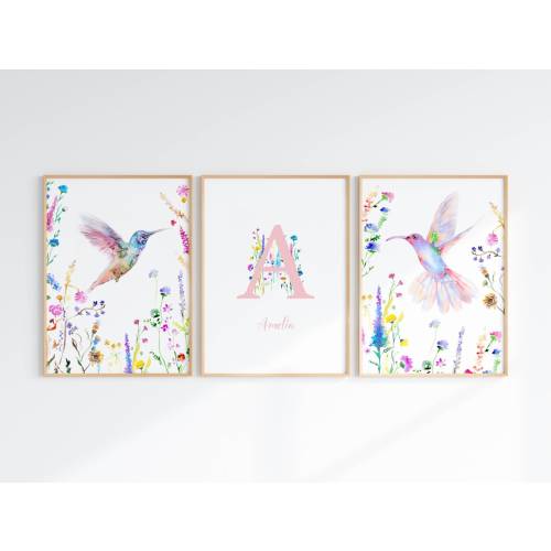 Hummingbird With Wildflowers Wall Art Set Of 3, Floral Name And Initial Print For Girl Nursery, Colorful Watercolors, Digital Download