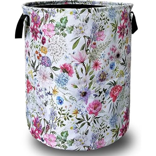 Watercolor Flower Floral Laundry Basket Foldable With Handles Tote Bag Oxford Cloth Colorful Laundry Hamper Clothes Storage Bucket Toy Organizer 18.9" x 16.5" For Bathroom/Laundry/Bedroom