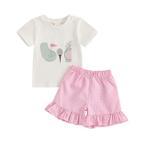 DSOKUHIB Toddler Baby Girl Golf Outfit Golf Embroidery Short Sleeve T-Shirt Plaid Shorts Set 2Pcs Infant Summer Clothes