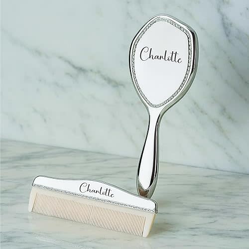 Engraved Silver-Plated Brush & Comb Set – Newborn Grooming Kit, Soft Bristle Hairbrush, Custom Baby Keepsake Gift for Baby Shower, Christening, Baptism.