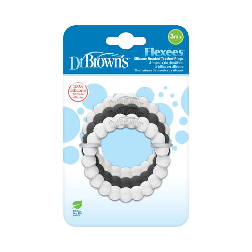 Dr. Brown's Flexees Baby Teether, Beaded Rings, 100% Silicone, Black/Gray/White, Infant-Toddler, 3-Pack