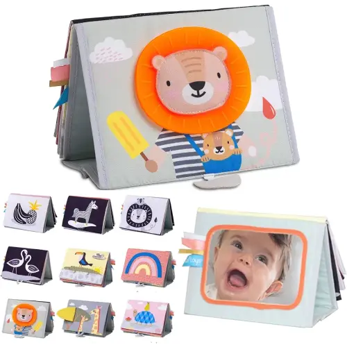 Taf Toys Savannah Infant Tummy-time Soft Crinkle Activity Book with Huge Baby Safe Mirror, 3D Activities, Textures and a Soft Baby Teether