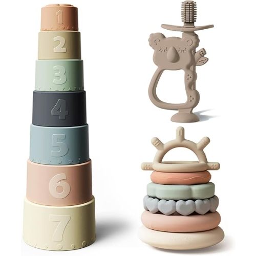 Moonkie Baby Toy Bundle | Stacking Cups & Rings + Koala Silicone Teether | 3-in-1 Educational & Teething Set for Babies 6-12 Months | Soft BPA-Free Silicone Toys for Learning, Teething & Play