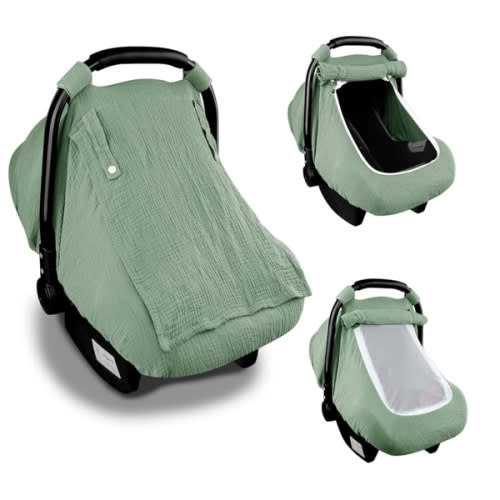 Hooyax Muslin Car Seat Covers for Babies, Summer Baby Car Seat Cover for Boys Girls with Breathable Window, Lightweight Infant Car Seat Canopy, Green