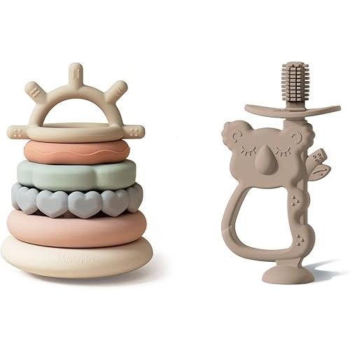 Moonkie Teething Toys & Toddler Tooth Brush | 7-Piece Stacking Ring Set & 360° Baby Toothbrush Teether | BPA-Free Silicone