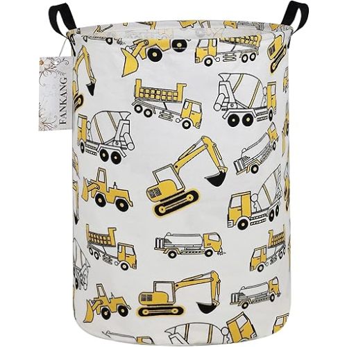 FANKANG Storage Basket, Nursery Hamper Canvas Laundry Basket Foldable with Waterproof PE Coating Large Storage Baskets for Kids Boys and Girls, Office, Bedroom, Clothes,Toys（excavator）