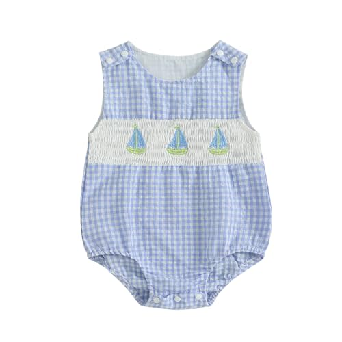 NEVUQO Baby Girl Boy Summer Clothes Sailing Boat Embroidery Gingham Sleeveless Romper Bodysuit Outfit 0 3 6 9 12 18 Months