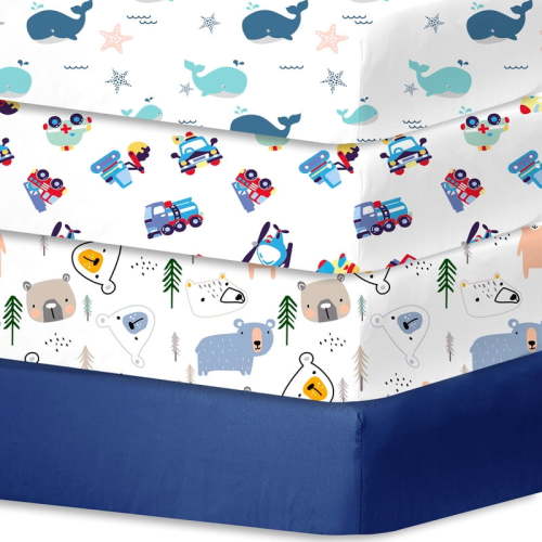 Little Grape Land Crib Sheets for Baby Boys 4 Pack, 28"x 52" Extra Soft Microfiber Crib Sheet Set for Standard Crib & Toddler Mattress Pad, Whale & Toy & Little Bear & Navy Blue