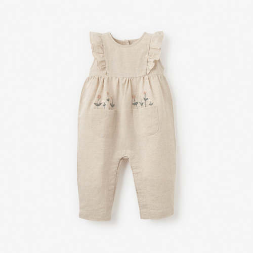 Natural Linen Floral Embroidered Jumpsuit FLAXSEED / 6-9M