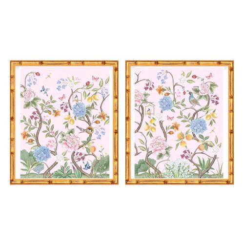 Set of Two Art Prints Chinoiserie Flowers with Birds and Butterflies // Nursery Decor // Girls Room // Asian Peony // Grand Millennial
