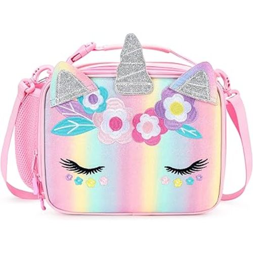 mibasies Unicorn Lunch Bag Kids Insulated Lunch Box for Girls with Water Bottle Holder and Shoulder Strap (Pink Blue Rainbow)