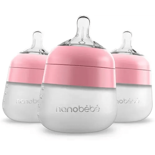 Nanobébé Flexy Silicone Baby Bottle, Anti-Colic, Natural Feel, Non-Collapsing Nipple, Non-Tip Stable Base, Easy to Clean 3-Pack, Pink, 5 oz