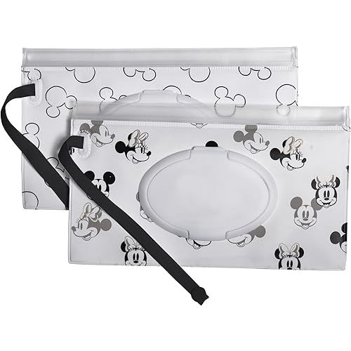 Disney Baby by J.L. Childress Reusable Wet Wipes Case, 2-Pack - Refillable Wipes Holder - Disney World Travel Essential - Includes Wrist Strap - Mickey and Minnie Mouse