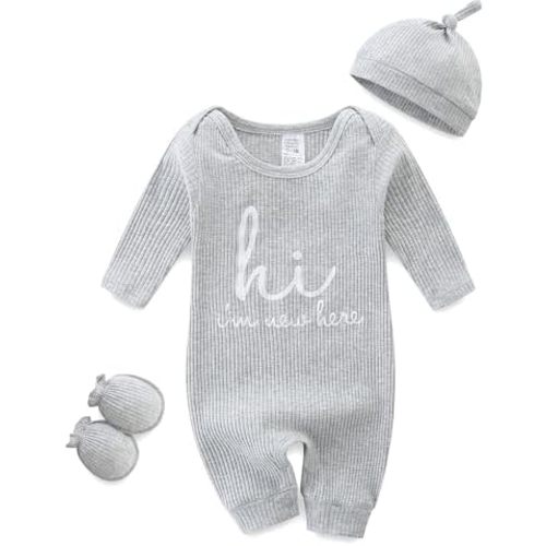 Baby Romper with Baby Mittens & Newborn Hats Footless Long Sleeve Solid Onesie Hi Im New Here