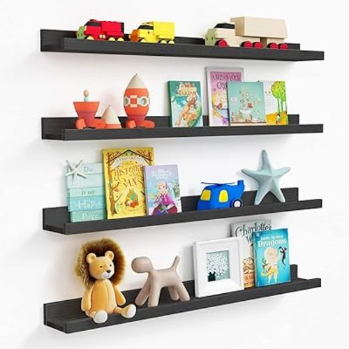 Forbena Black Wood Picture Ledge Shelf 36 Inch Set of 4, Long Floating Shelves for Wall with Lip, Narrow Wall Shelf for Living Room Decor Books Photo Frames Bedroom Office, Conn 2 as 72 in Wide