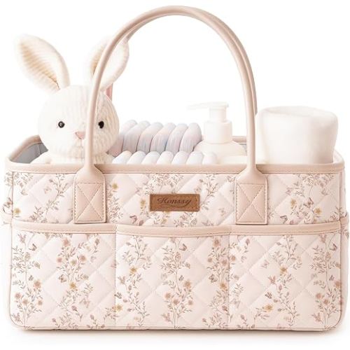 Konssy Floral Quilted Diaper Caddy Organizer, Diaper Caddy Basket with PU Leather Handles, Water-Repellent Nursery Storage Basket, Portable Car Organizer, Registry Search Must Haves (Floral)