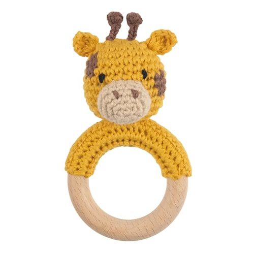 Joliecraft Safari Animals Wooden Baby Rattle Toys Stuffed Crochet Rattle with Teether Ring for Newborn, Giraffe