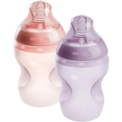 Tommee Tippee Natural Start Anti Colic BPA Free Silicone Baby Bottles, 9oz, Newborn 0+ Months, Silicone Feels Like Mother's Skin, Slow Flow Breast-Like Teat, Pink and Purple, Pack of 2