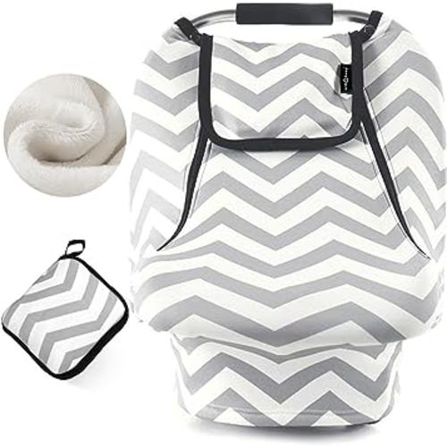 ACRABROS Car Seat Covers for Babies,Winter Autumn Spring Infant Carseat Cover Canopy for Boys and Girls,Stretchy Adjustable Peeping Window with Mesh Cover,Warm Breathable Universal, Grey White Chevron