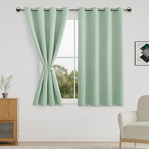 DWCN Blackout Curtains for Bedroom with Tiebacks - Room Darkening Privacy Grommet Top Window Curtains for Living Room, 52 x 45 inch Length Seafoam Green Set of 2 Panels