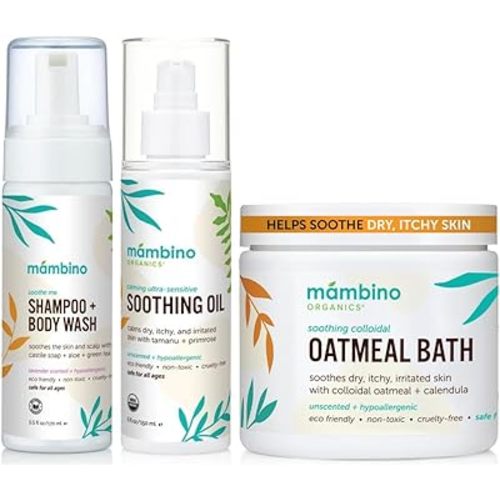 Mambino Organics Soothing Bath Set, Organic Oatmeal Bath Soak, Soothe Me Shampoo & Body Wash, and Calming Oil, Gentle for Sensitive Skin, Vegan, Baby Bath Essentials, 3-Pack, 5.5 oz Each