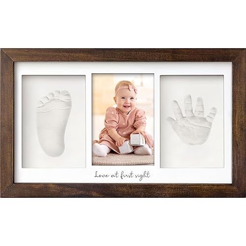 Baby Hand and Footprint Kit - Clay Handprint Keepsake Frame, Newborn Nursery Picture Frame, Personalized New Mom Gifts for Baby Shower & Registry (Dark Walnut)