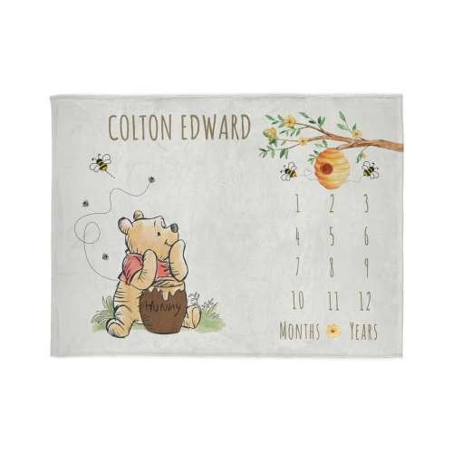Personalized Bear Poooh Bee Milestone Fleece Blanket, Custom Name Baby Bear Blanket, Months Years Growth for Baby, Nursery Decor Shower Gift