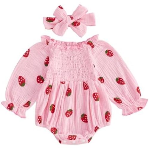 BULINGNA Baby Girl Fall Cotton Linen Outfit Long Sleeve Strawberry Print Ruffle Smocked Romper with Headband Birthday Clothes