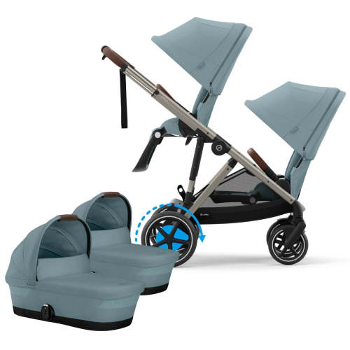 Cybex eGazelle S Electronic Assist Twin Stroller + Cot Bundle - Taupe Frame / Stormy Blue