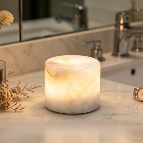 Bogey's Antidote Marble Night Light, Natural Alabaster Bedside Lamp, USB Rechargeable Table Lamp, Cylinder Stone Lamp for Bedroom, Office, Home Decor, Unique Gift, Cream Vintage